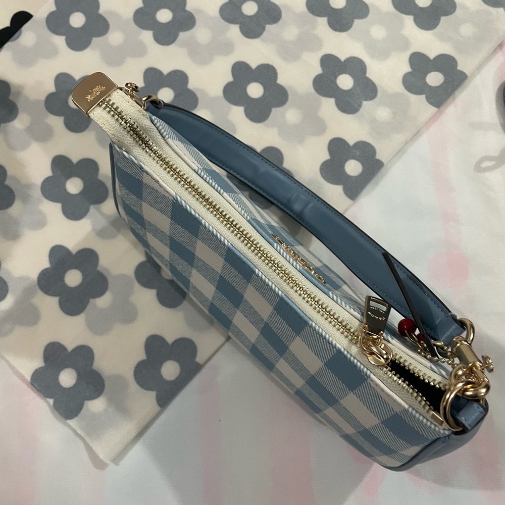 Coach Blue and White Gingham Shoulder Bag with Gold Hardware - Picture 9 of 9